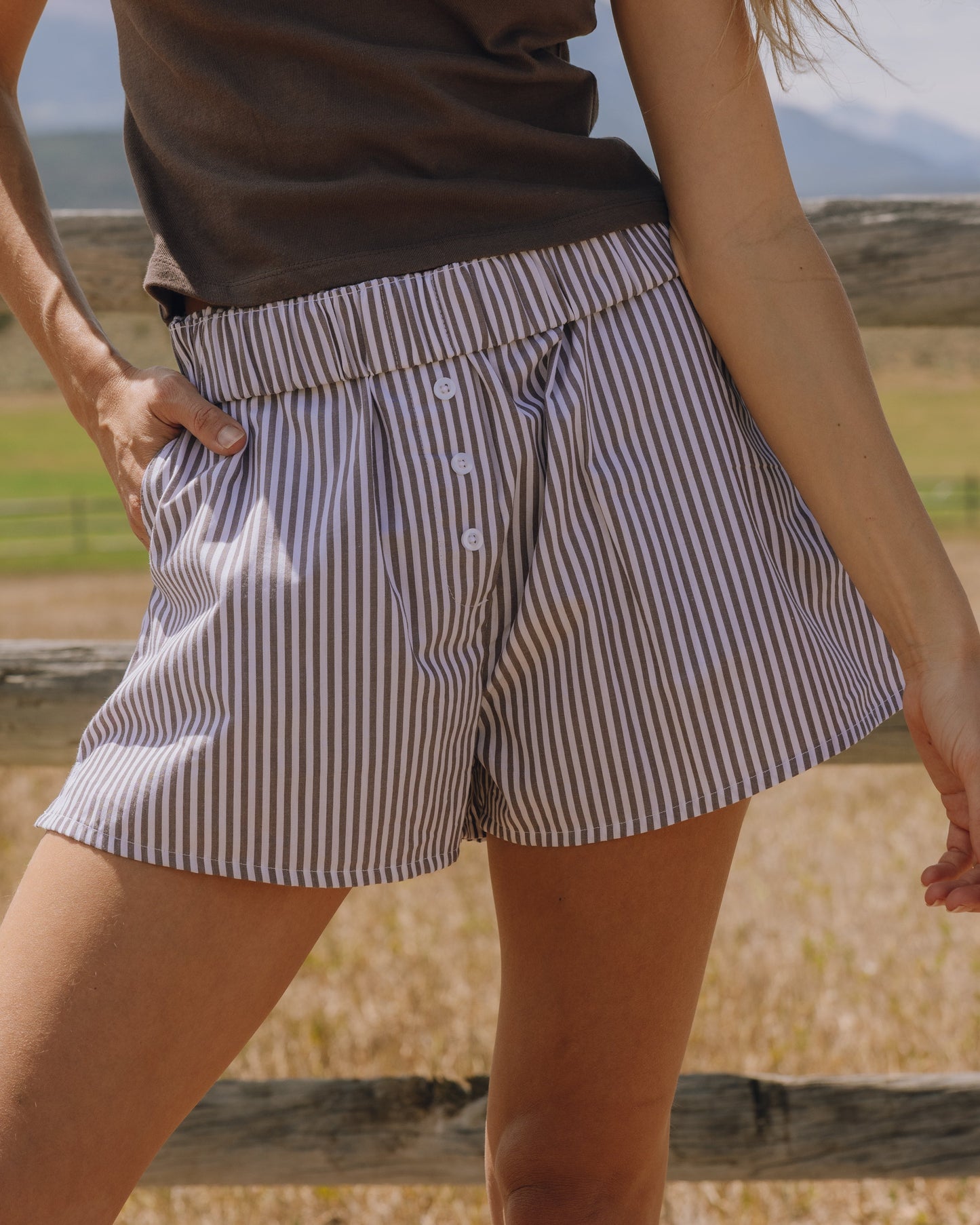 Poplin Resort Shorts - Mocha + White Stripe