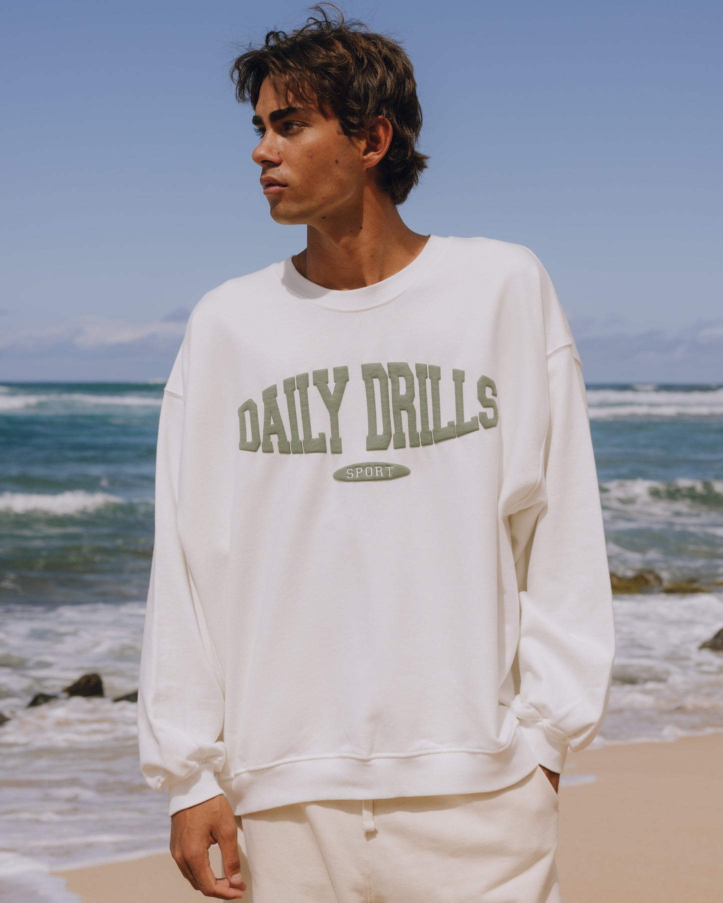 Oversized Sport Crew - Raw White with DD Green