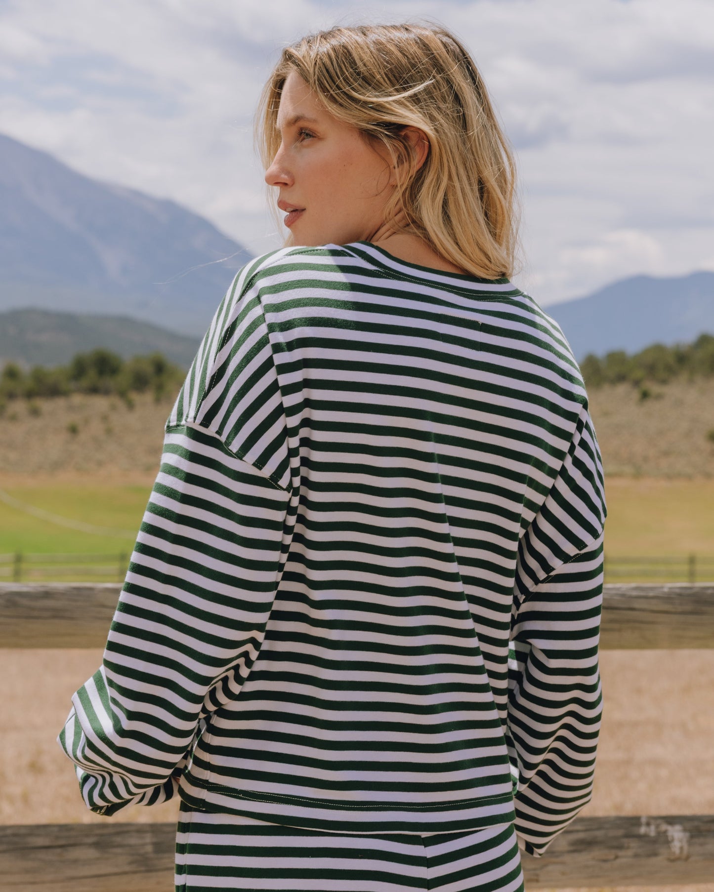 Striped Cotton Long Sleeve - Forest Green + White Stripe