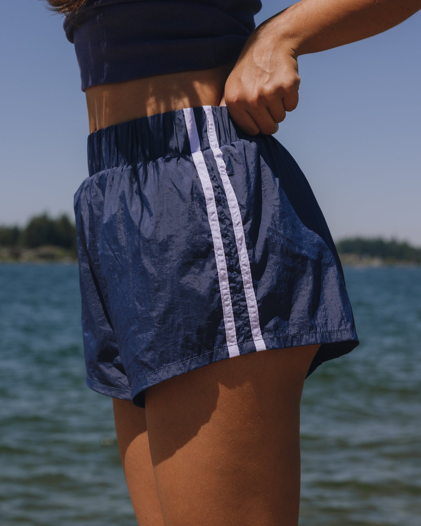 Super Bounce Shorts with Stripes - Denim + White