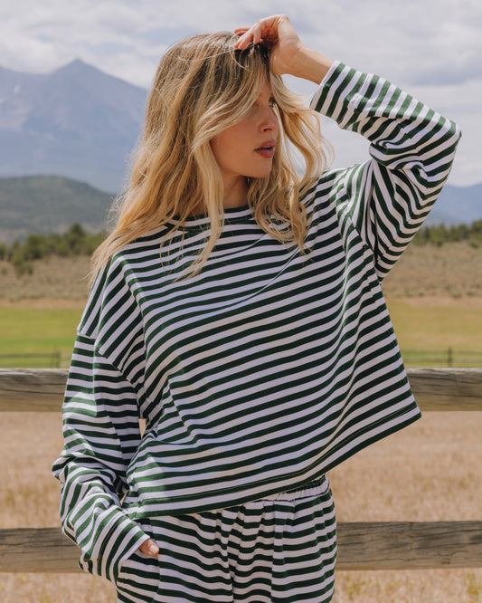 Striped Cotton Long Sleeve - Forest Green + White Stripe