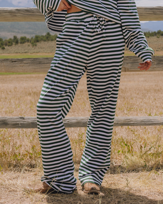 Striped Cotton Pants - Forest Green + White Stripe
