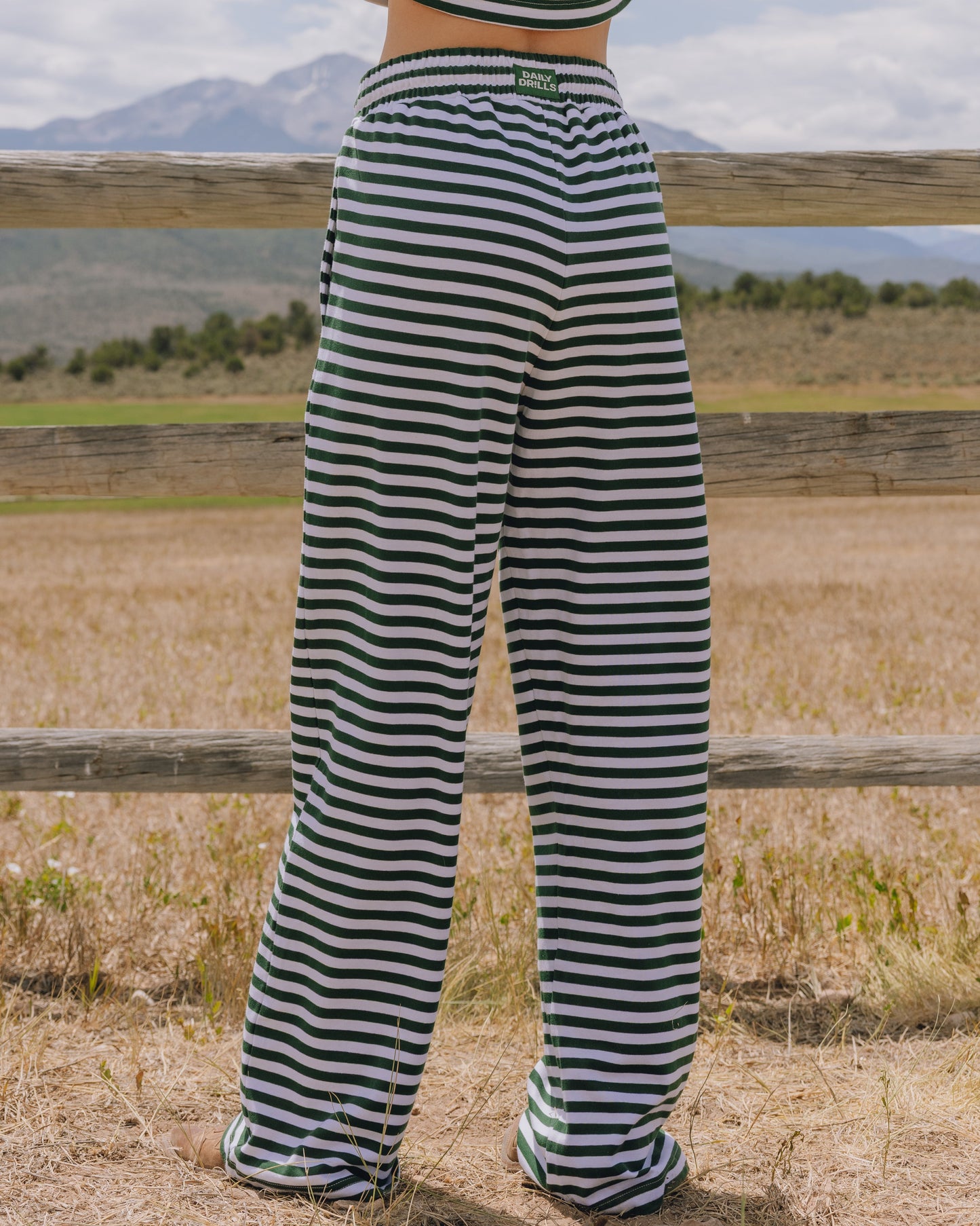 Striped Cotton Pants - Forest Green + White Stripe
