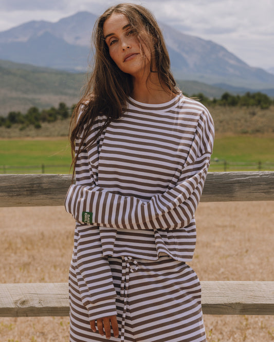 Striped Cotton Long Sleeve - Mocha + White Stripe